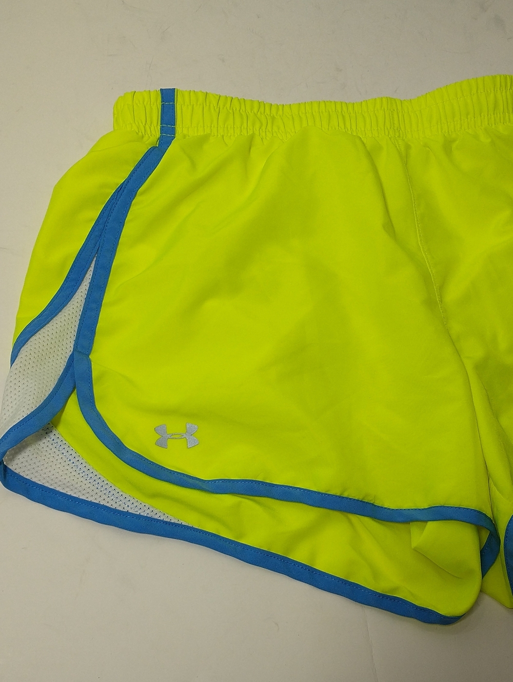 Under Armor Running Shorts, Fluorescent Green/Blue, Size M, Semi Fitted